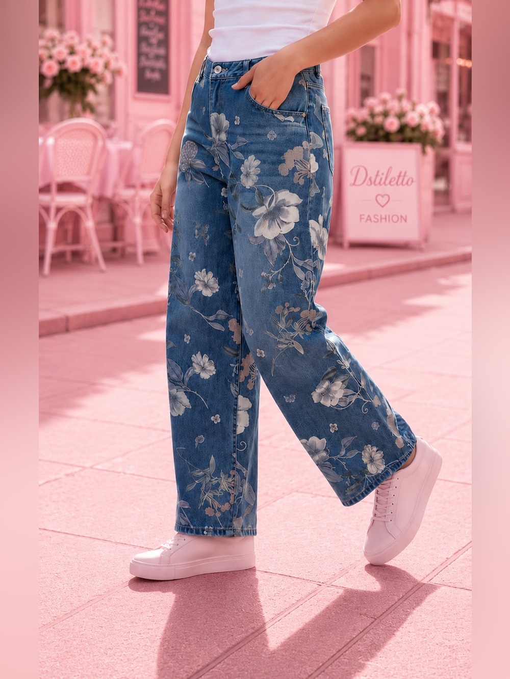 SHEIN CURVE Blue Floral Wide-Leg elastic waist Jeans Pants Plus Size 3X